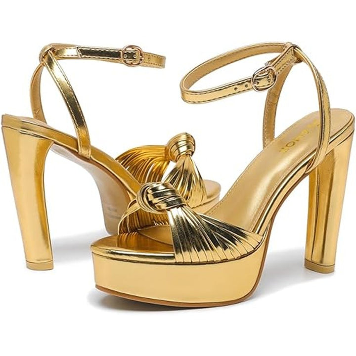 Amoji Womens Size 9.5 Gold 4" Block Heels Platform Braid Knot Ankle Strap Shoes
