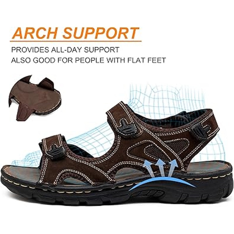 Jousen Mens 13 Brown Sandals Faux Leather Open Toe Hook Loop &amp; Fastener Shoes