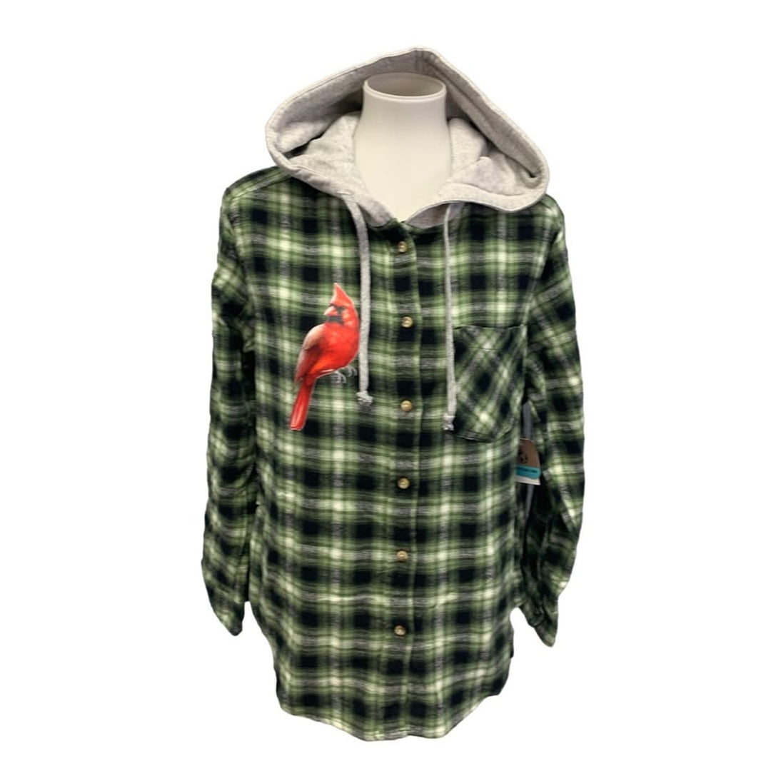 New Hand Printed Women Large Red Cardinal Bird Plaid Flannel Long Sleeve Hoodie