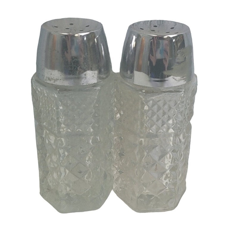 Pair of Vintage Glass 1950s Diner Style Silver Top Salt &amp; Pepper Shakers