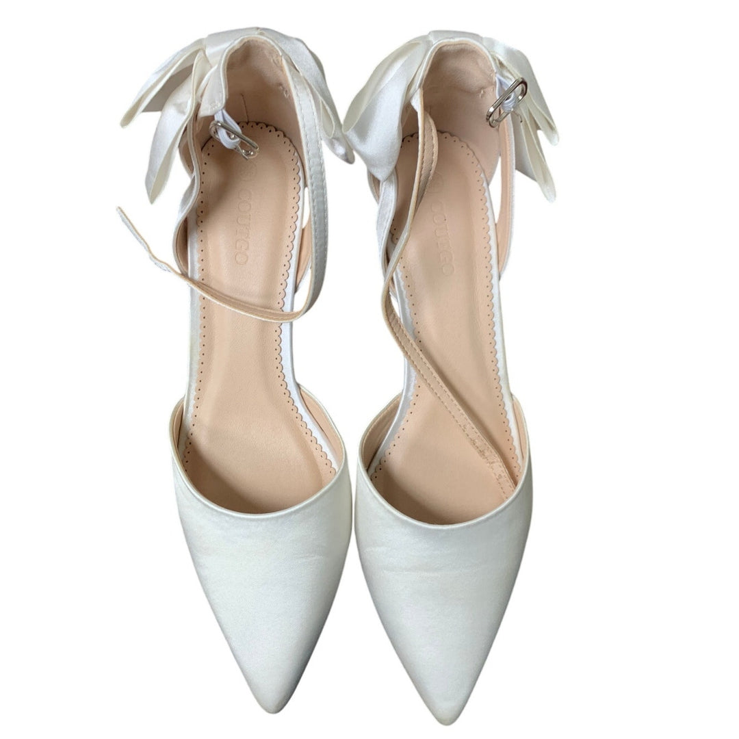 Coutgo Womens Size 8.5 White Satin 2.5" Chunky Heel Closed Toe Ankle Strap Shoes