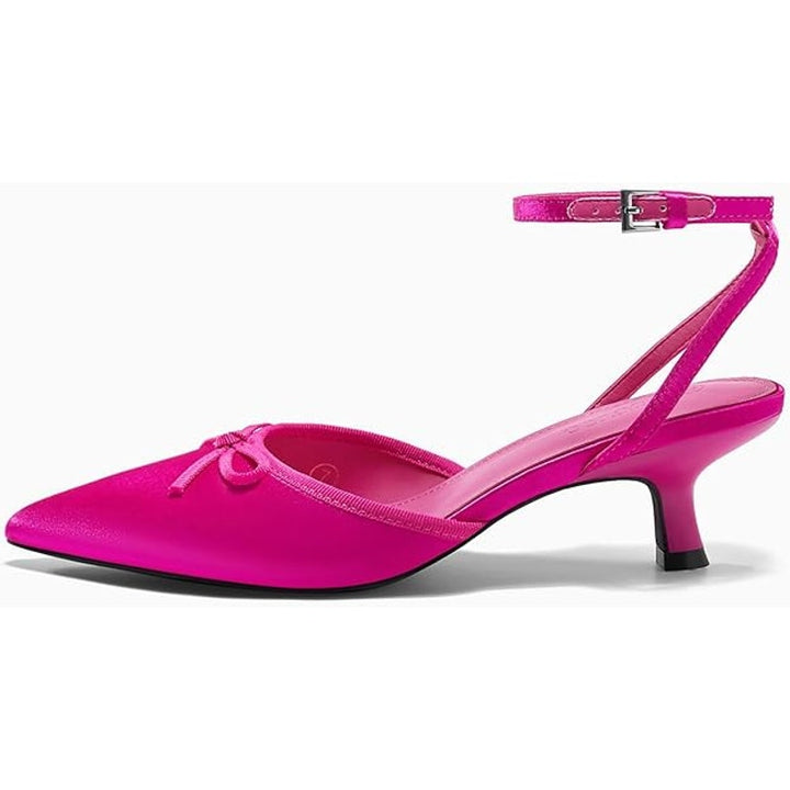 Coutgo Women Size 6 Pink Satin Bow Kitten Low 2.5" Heel Closed Pointed Toe Shoes