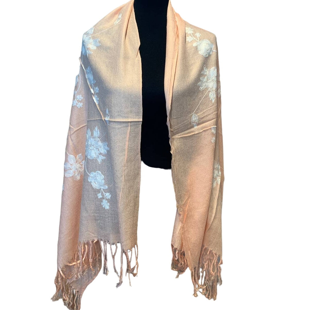New Embroidered Peach Floral Fringed Lightweight Pashmina Shawl Wrap Scarf