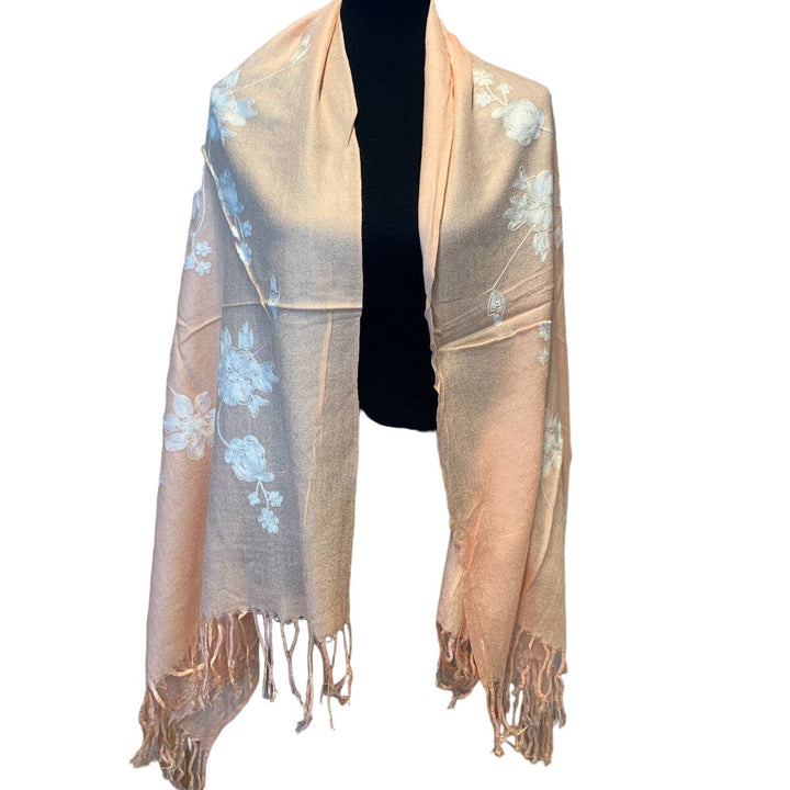 New Embroidered Peach Floral Fringed Lightweight Pashmina Shawl Wrap Scarf