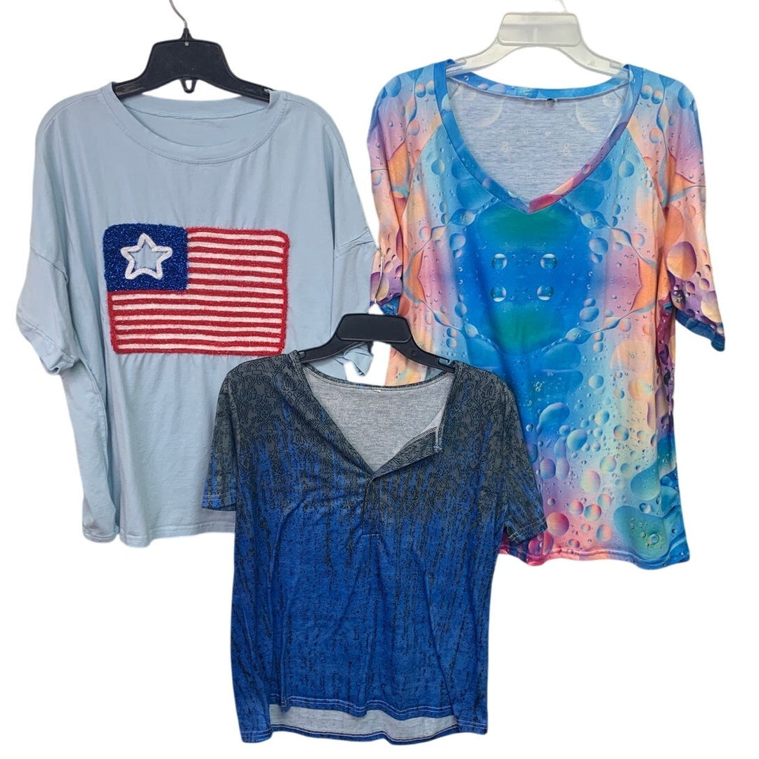 Lot of 3 Womens XL USA Flag Patriotic Bubbles Short Sleeve Summer Tops Shirts