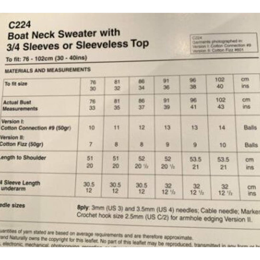New Hand Knit Yarns Naturally C224 Boat Neck Sweater Sleeveless Knitting Pattern