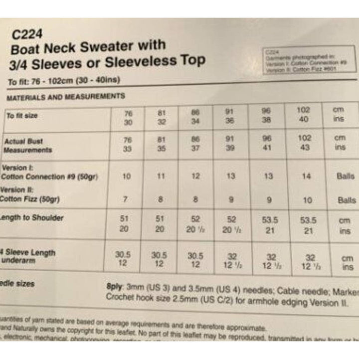 New Hand Knit Yarns Naturally C224 Boat Neck Sweater Sleeveless Knitting Pattern