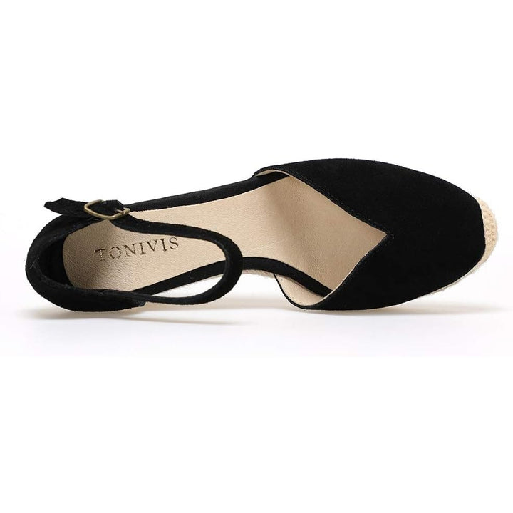 New Tonivis Women Size 7.5 Black Faux Suede Wedge Espadrille Ankle Strap Sandals