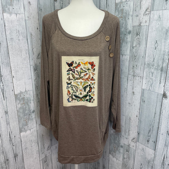 Hand Printed Upcycled 20W Vintage Reference Book Butterfly Page Long Sleeve Tee