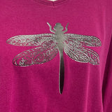 Hand Printed Upcycled Womens 2X Dragonfly PolyCotton Long Sleeve VNeck Tee