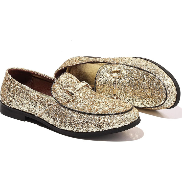 New Cosidram Mens Size 13 Gold Glitter Slide On Buckle Loafers Dress Shoes