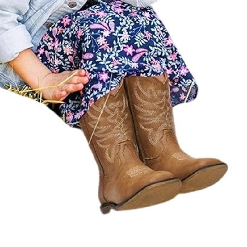 Rollda Little Girls Size 11 Brown 1" Heel Cowboy Boots Closed Square Toe Shoes