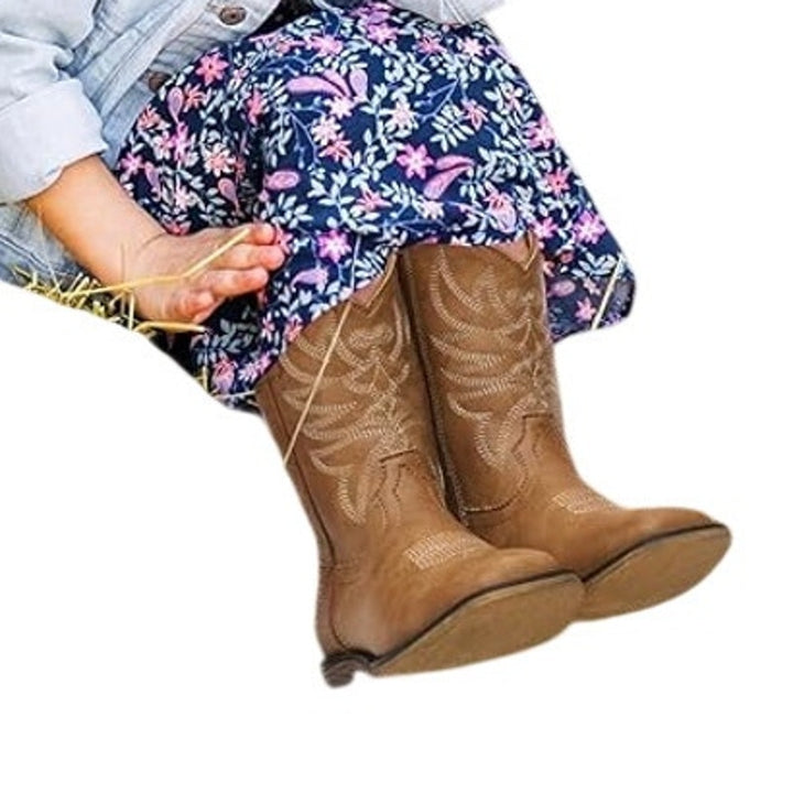 Rollda Little Girls Size 11 Brown 1" Heel Cowboy Boots Closed Square Toe Shoes