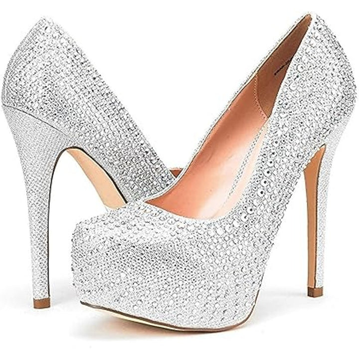 Dream Pairs Womens 5.5 Silver Rhinestone 5.5" Platform Heel Close Toe Pump Shoes