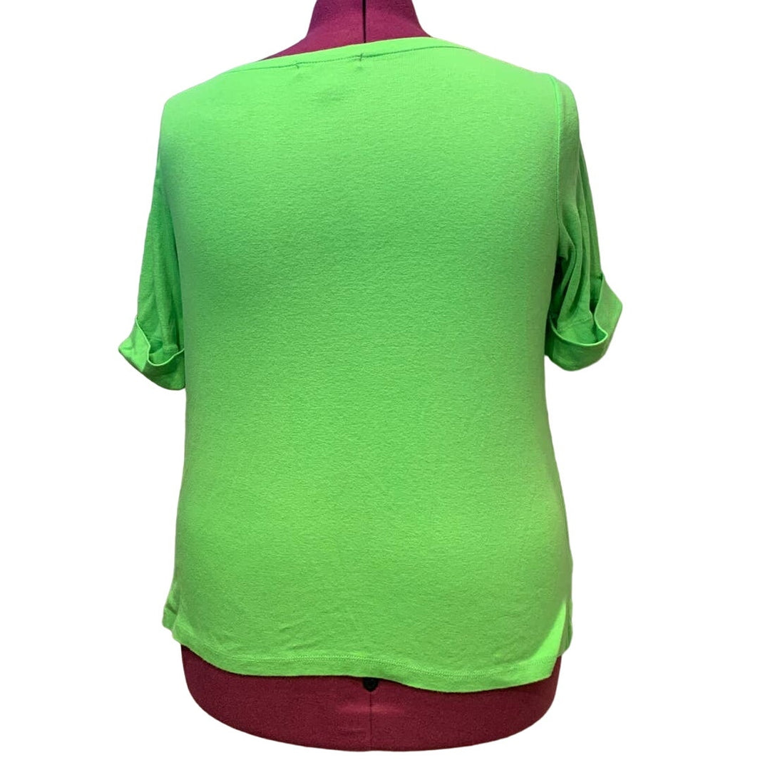 Lauren Ralph Lauren 1X 100% Cotton Short Sleeve Zipper Detail Neon Green T-Shirt