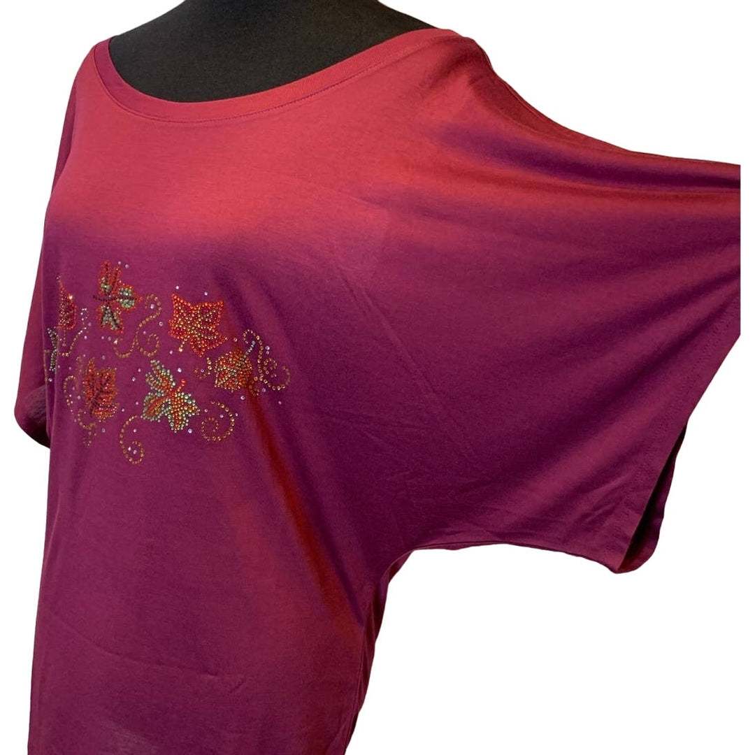 New Hand Printed Rhinestone Autumn Leaves Wine Batwing Dolman Blouse Top