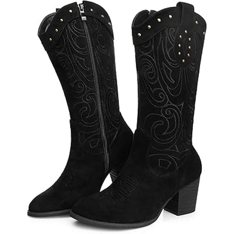 Shibever Womens 7.5 Black Faux Suede Zip Up 2.5" Heel Cowboy Cowgirl Boots Shoes