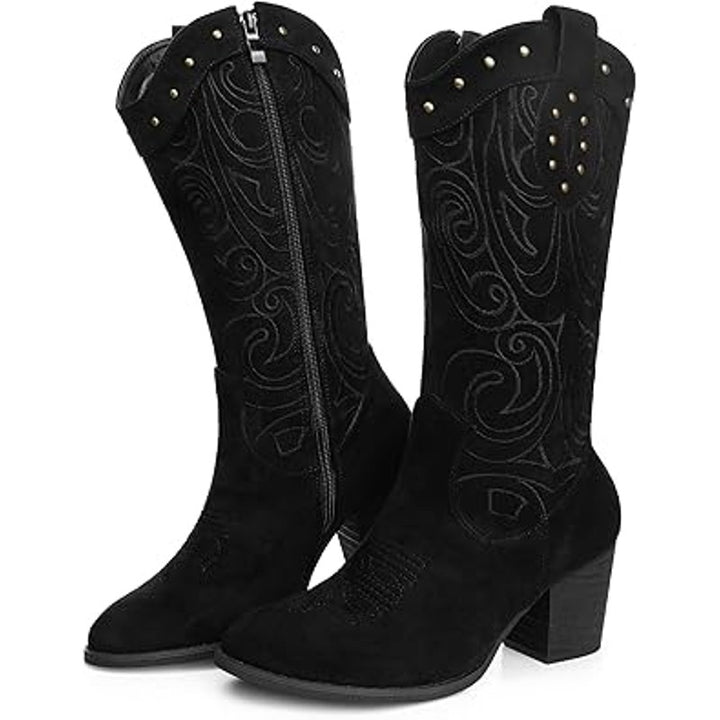 Shibever Womens 7.5 Black Faux Suede Zip Up 2.5" Heel Cowboy Cowgirl Boots Shoes