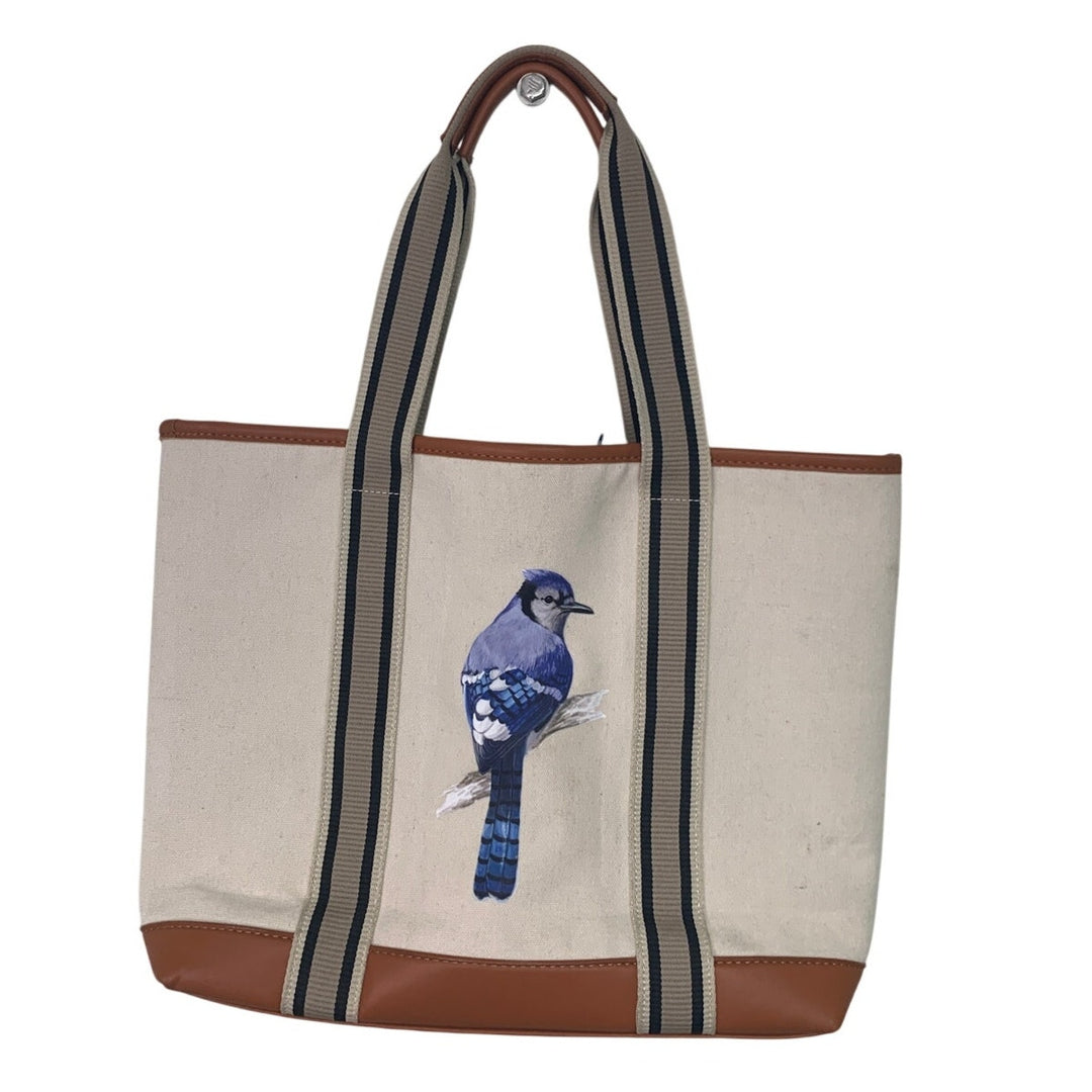 Upcycled Hand Printed Blue Jay Bird Canvas Double Handle Shoulder Tote Bag