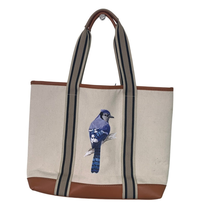 Upcycled Hand Printed Blue Jay Bird Canvas Double Handle Shoulder Tote Bag
