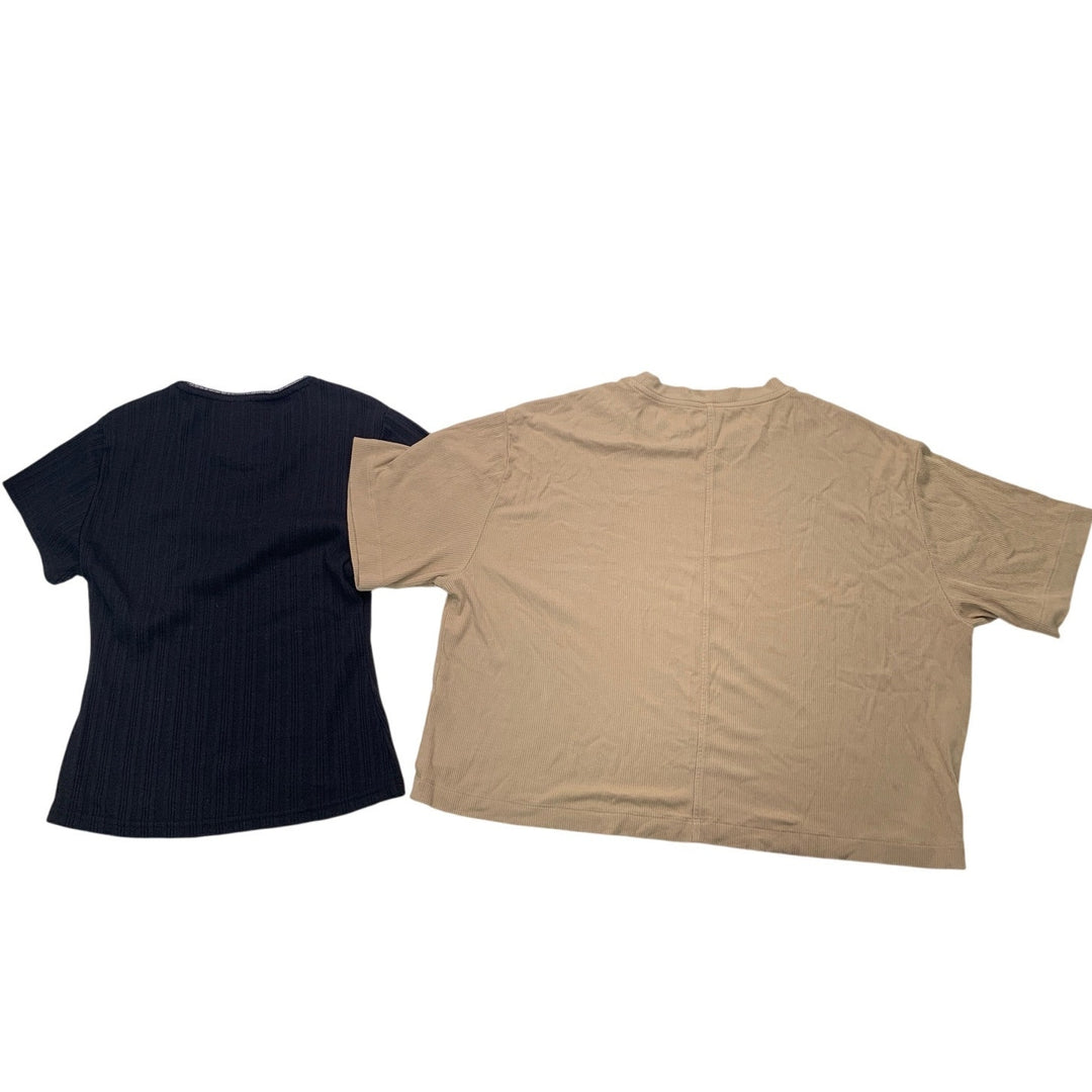 2 New American Eagle Womens Small Black Tan Ribbed Scalloped Short Sleeve Tops