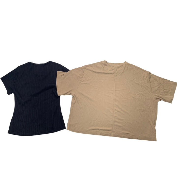 2 New American Eagle Womens Small Black Tan Ribbed Scalloped Short Sleeve Tops