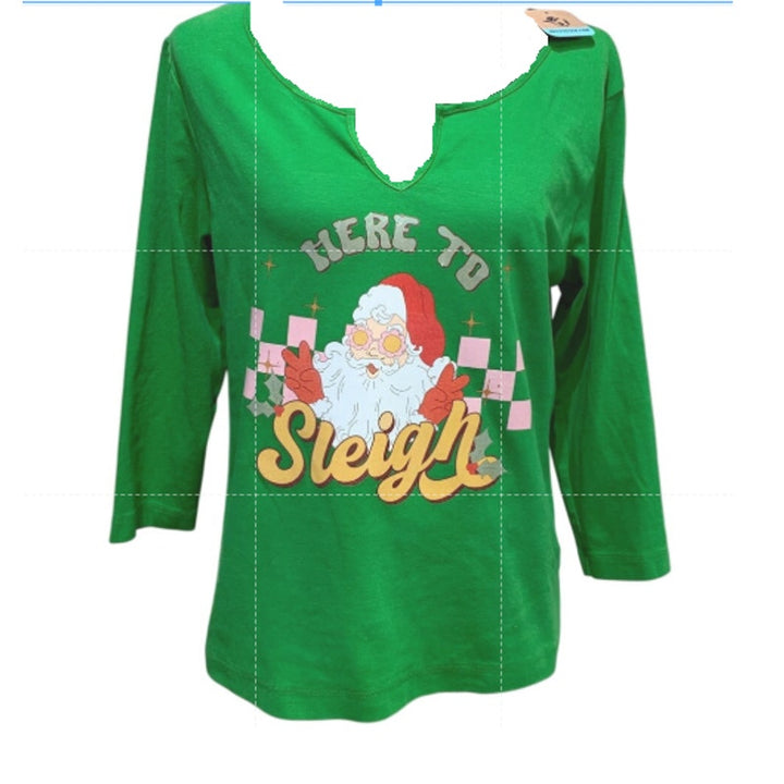 Upcycled Hand Printed Large Christmas Santa Claus Here to Sleigh 3/4 Sleeve Tee