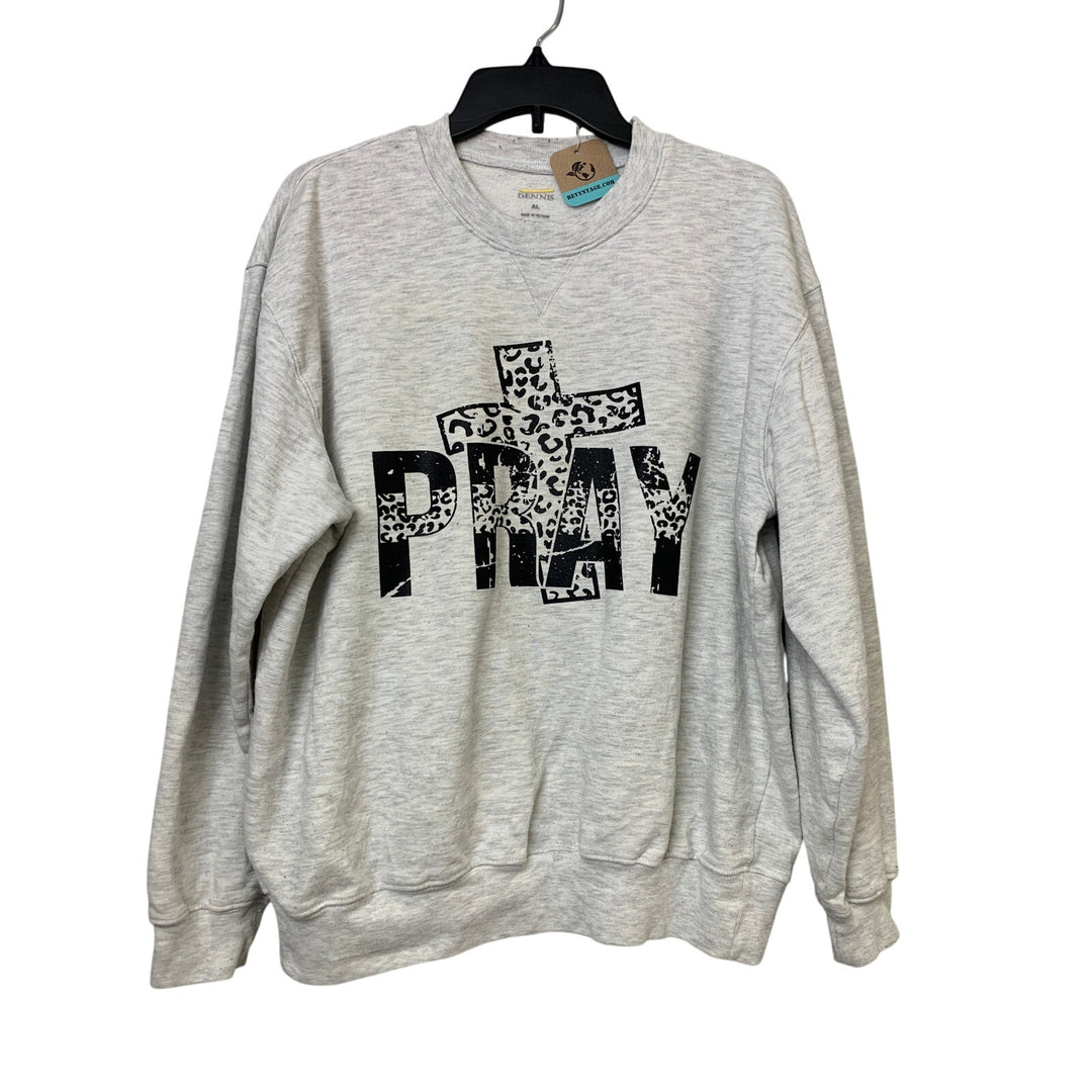 Hand Printed Upcycled Mens Large Gray Pray Crucifix Long Sleeve Sweatshirt