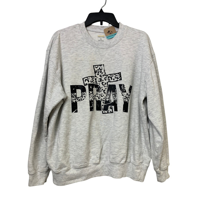 Hand Printed Upcycled Mens Large Gray Pray Crucifix Long Sleeve Sweatshirt