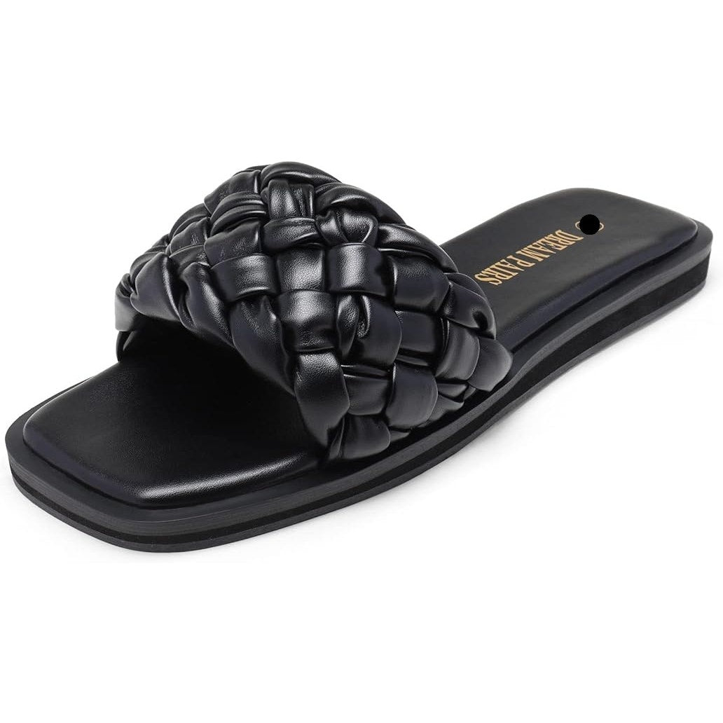 Dream Pairs Womens 10 Black Weave Slide On Open Toe Faux Leather Sandals