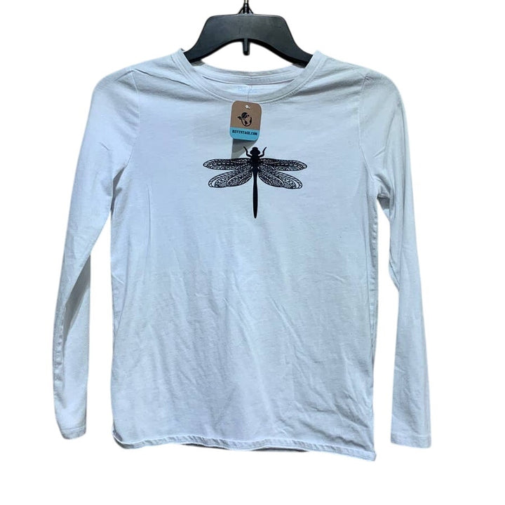 Hand Printed Upcycled Child Large (10/12) Dragonfly Long Sleeve Crew Neck Tee