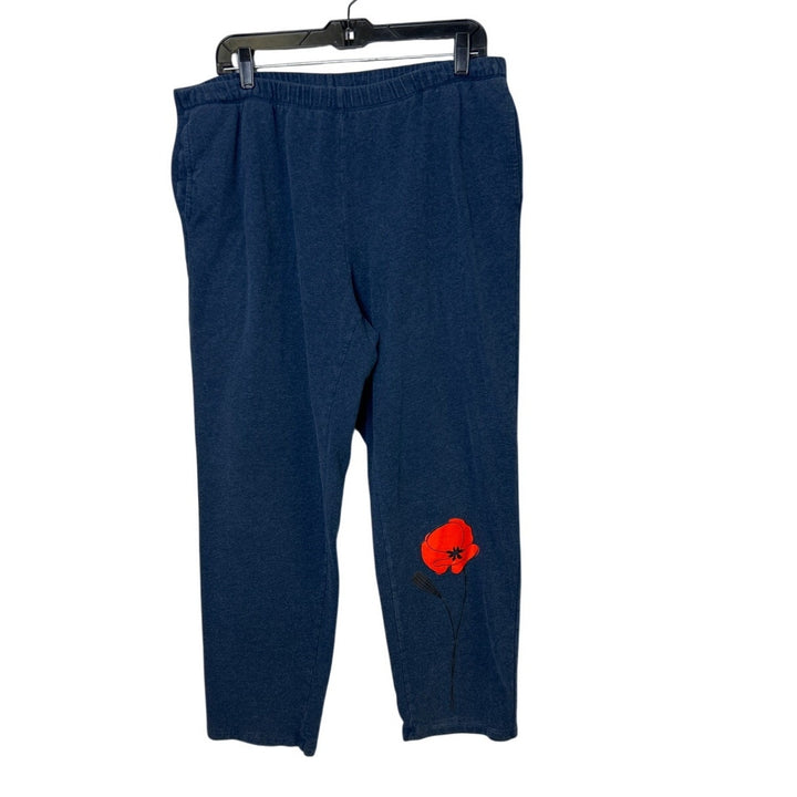 Upcycled Hand Printed Womens 1X Cotton Blend Red Poppy Flower Sweatpants