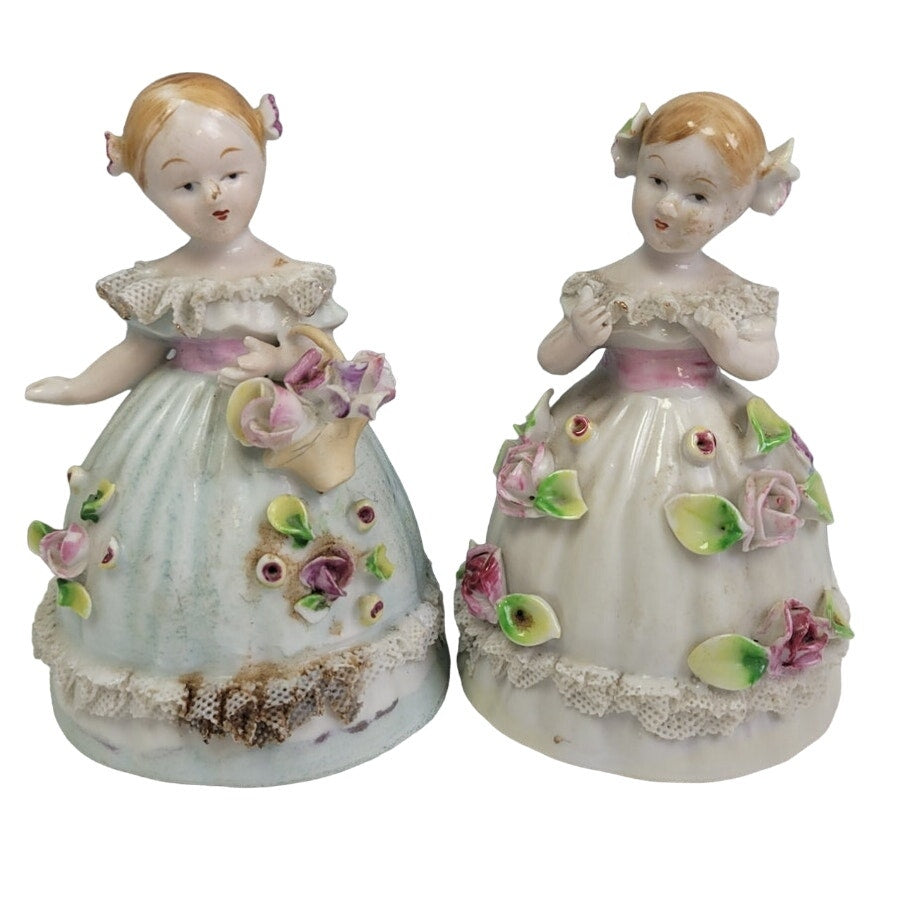 Pair of Vintage Collectible Ceramic Victorian Blonde Girls in Floral Dresses