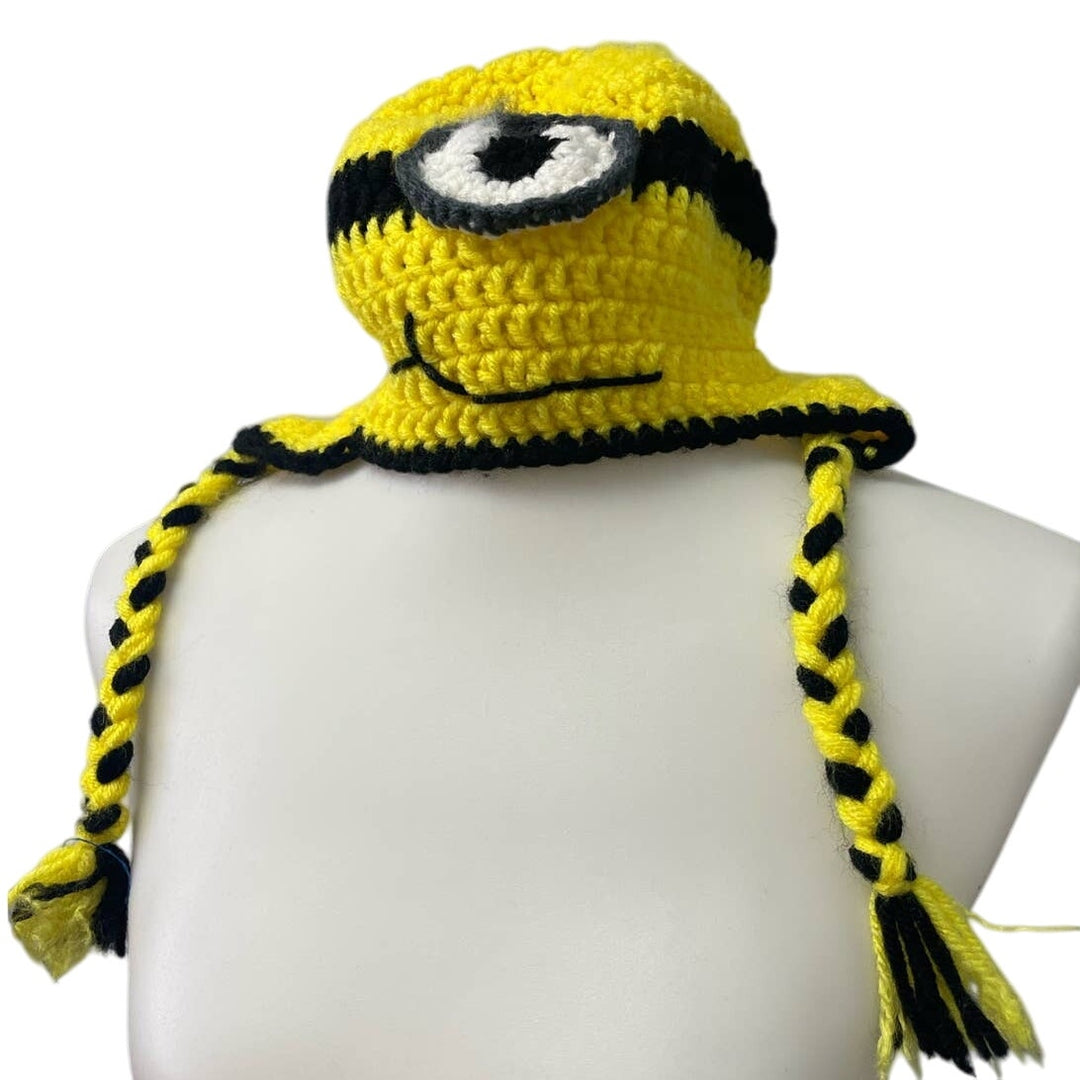 Handmade Crochet Minions Child Yellow Black Single Eye Sock Cap Hat w Braids