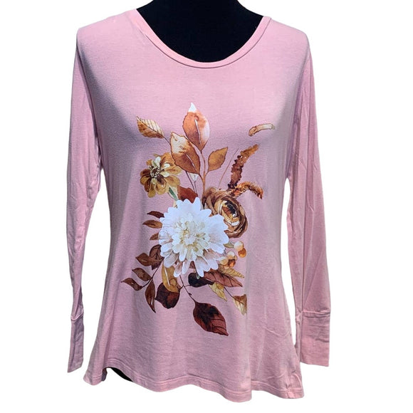 Hand Printed Upcycled Large Fall Leaves Floral Harvest Bouquet Long Sleeve Tee