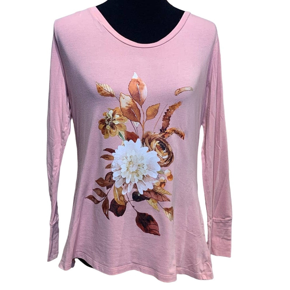 Hand Printed Upcycled Large Fall Leaves Floral Harvest Bouquet Long Sleeve Tee