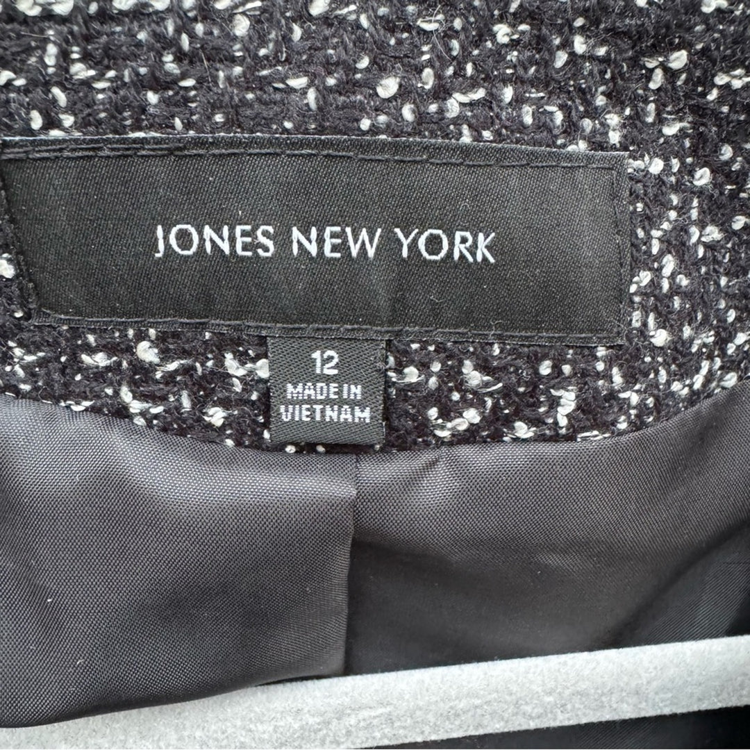 Jones New York Womens Size 12 Black White Career Open Front Jacket Blazer
