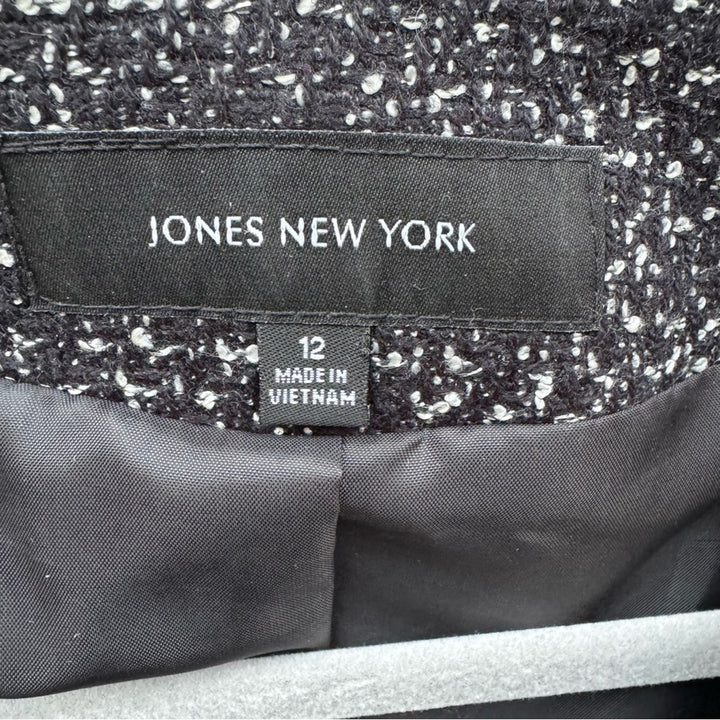 Jones New York Womens Size 12 Black White Career Open Front Jacket Blazer