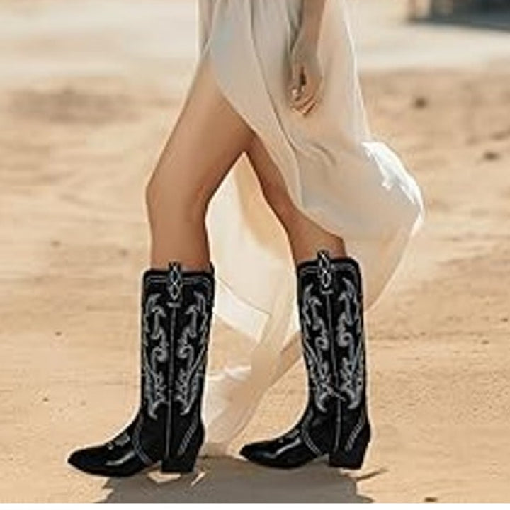 Idifu Womens Size 7 Black Faux Leather Embroidered 2.5" Block Heel Cowboy Boots