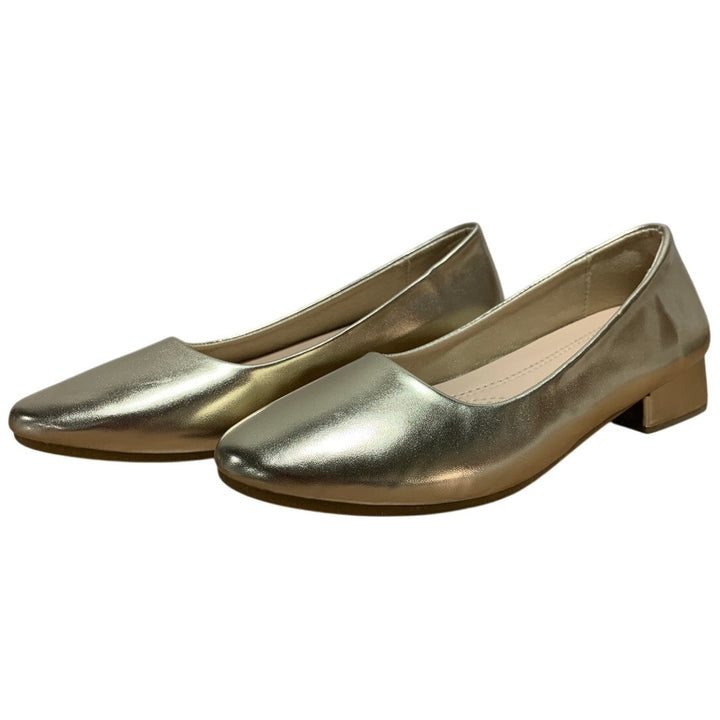 Jeekopeg Womens Size 9 Gold 1.25" Chunky Heel Round Closed Toe PU Leather Shoes