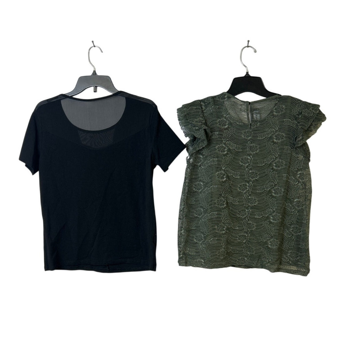 Lot of 2 Womens Large XL Short Sleeve Lace Floral Mesh Short Sleeve Tops