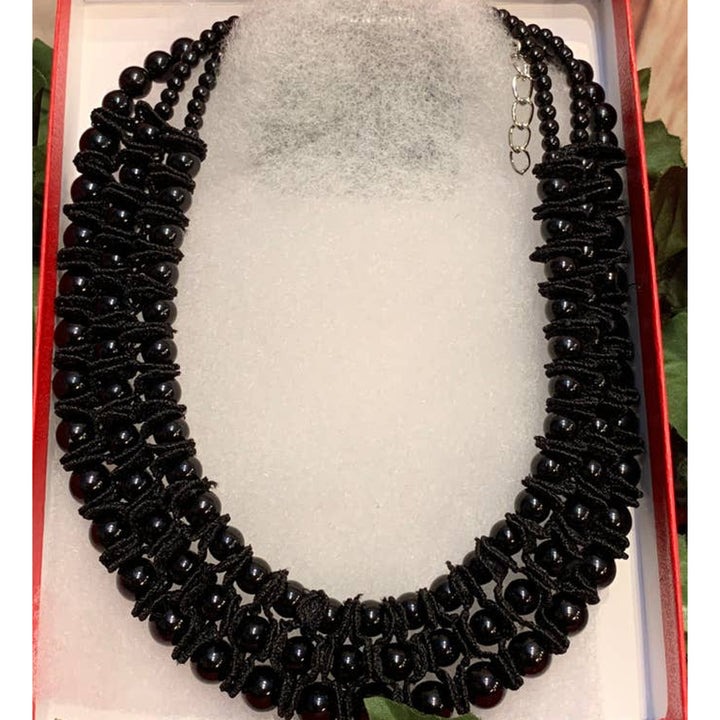New Black Beaded Lacy Faux Pearl 3 Strand Choker Necklace With Red Gift Box