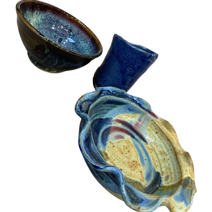 Handmade Stoneware Pottery Blue Drip Yellow Color Rustic Mug Bowl Candy Dish Set