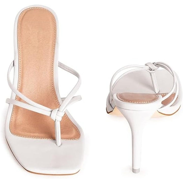 Coutgo Womens Size 8 White Strappy 4" Heel Thong Slide On Open Square Toe Shoes
