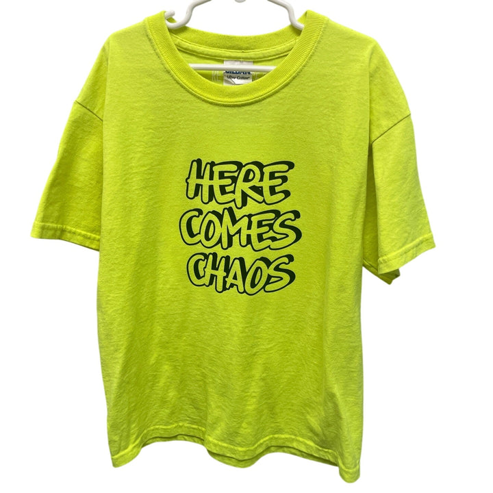 Hand Printed Upcycled Youth Medium Here Comes Chaos Neon Yellow Tee Shirt