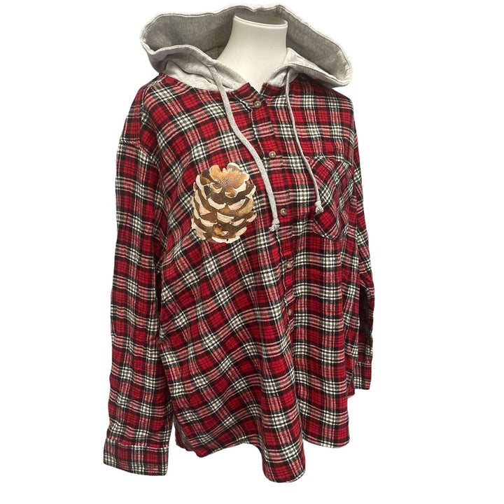 New Hand Printed Womens Small Rustic Pine Cone Long Sleeve Plaid Flannel Hoodie