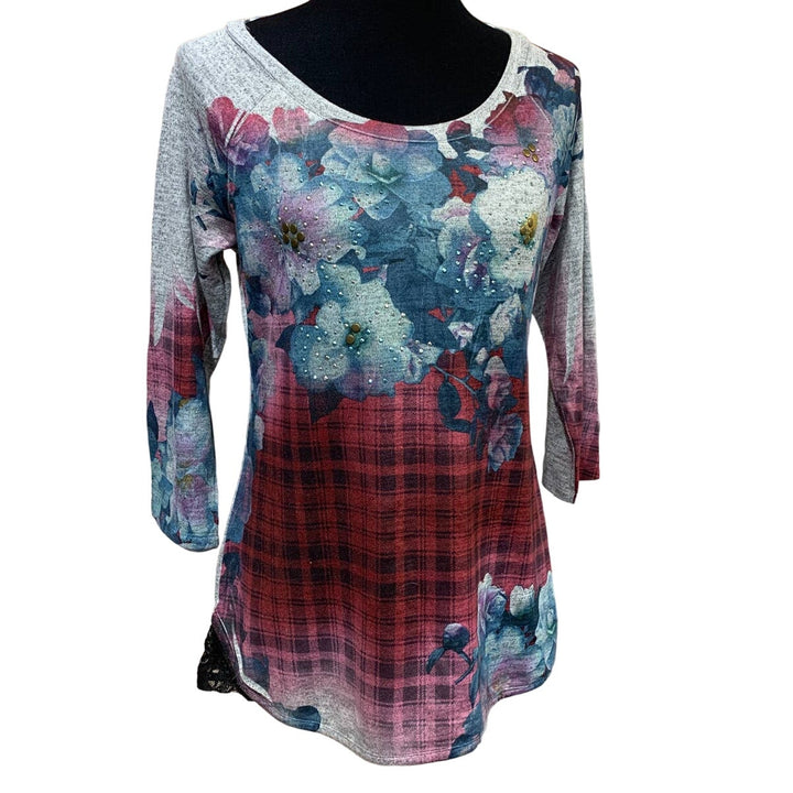 New Style &amp; Co Womens Medium Plaid Floral Black Lace Back Polyblend Blouse Top