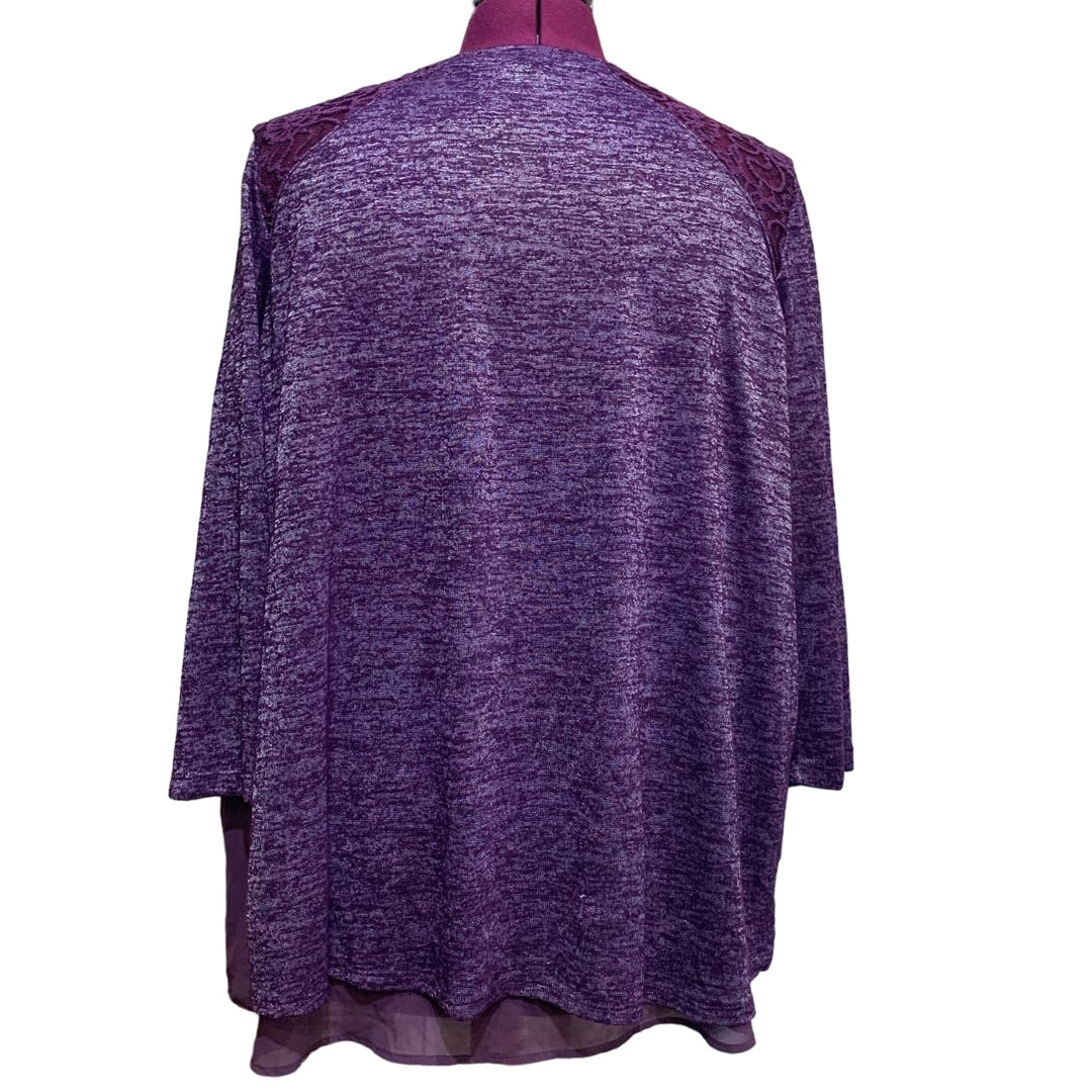 Eyeshadow 3X 3/4 Sleeve Purple Flowy Layered Lace Detail Shiny Comfy Top Blouse