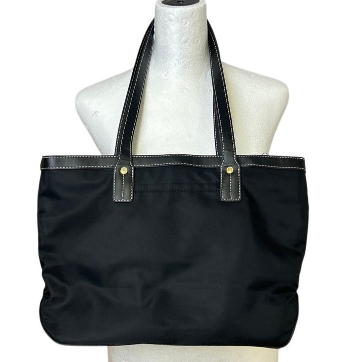 Calvin Klein Womens Black Faux Leather Trim Zipper Close Vinyl Shoulder Hand Bag