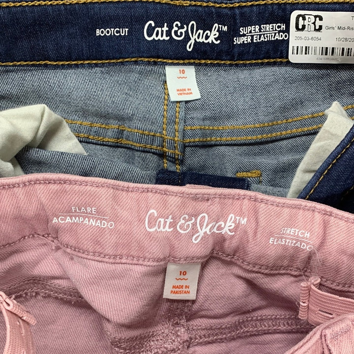 2 Cat &amp; Jack Girls Size 10 Stretch Flare Boot Cut Adjustable Waist Denim Jeans